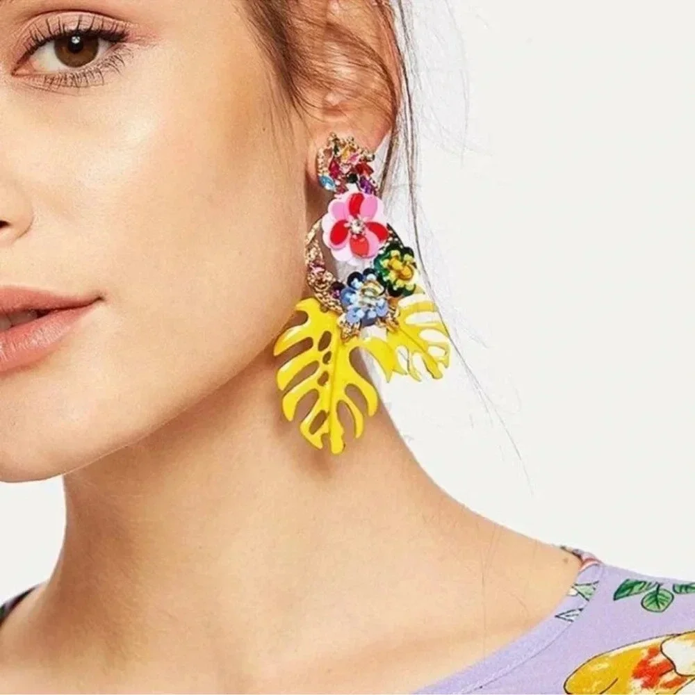 Zara Rio Tropical Monstera Yellow Leaves Drop Earrings - Picture 1 of 8